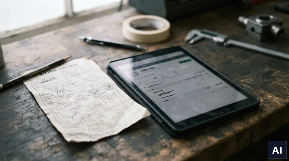 Papierowe zlecenie i tablet z programem warsztatowym obok siebie